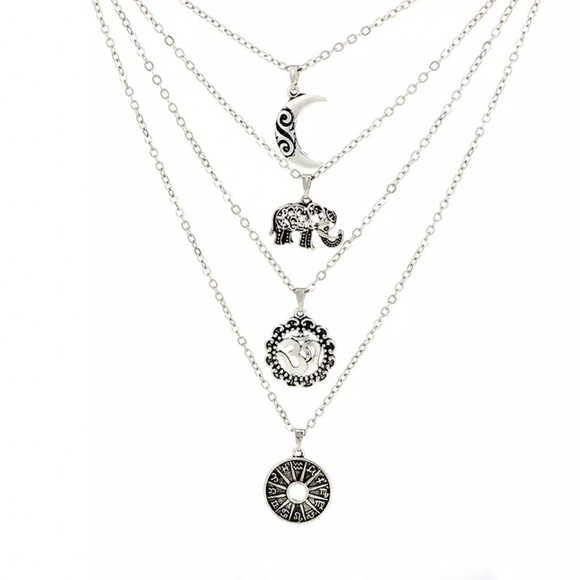 Boho 4-Strand Elephant Moon Pendant Necklace 3D - Picture 7 of 8